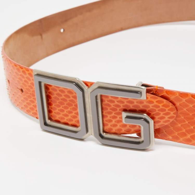 Pre Owned Dolce & Gabbana Orange Watersnake Leather DG Buckle Belt 85CM