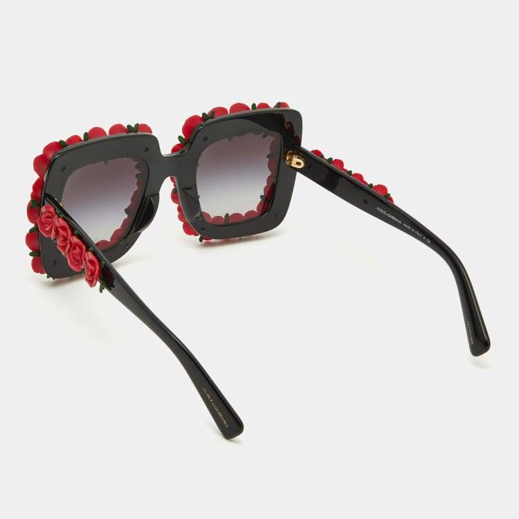 Pre Owned Dolce & Gabbana Black & Red Roses/Black DG 4253 Rectangle Sunglasses