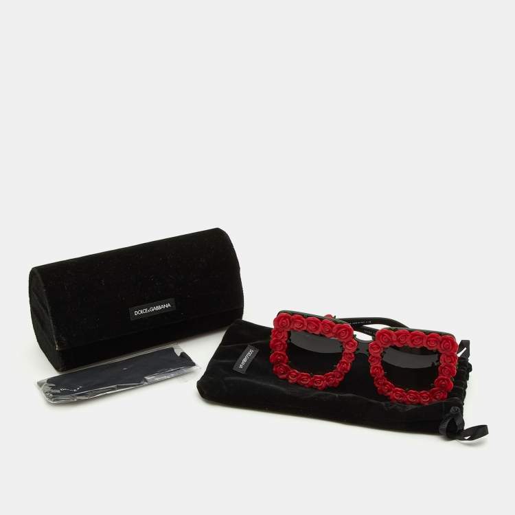 Pre Owned Dolce & Gabbana Black & Red Roses/Black DG 4253 Rectangle Sunglasses
