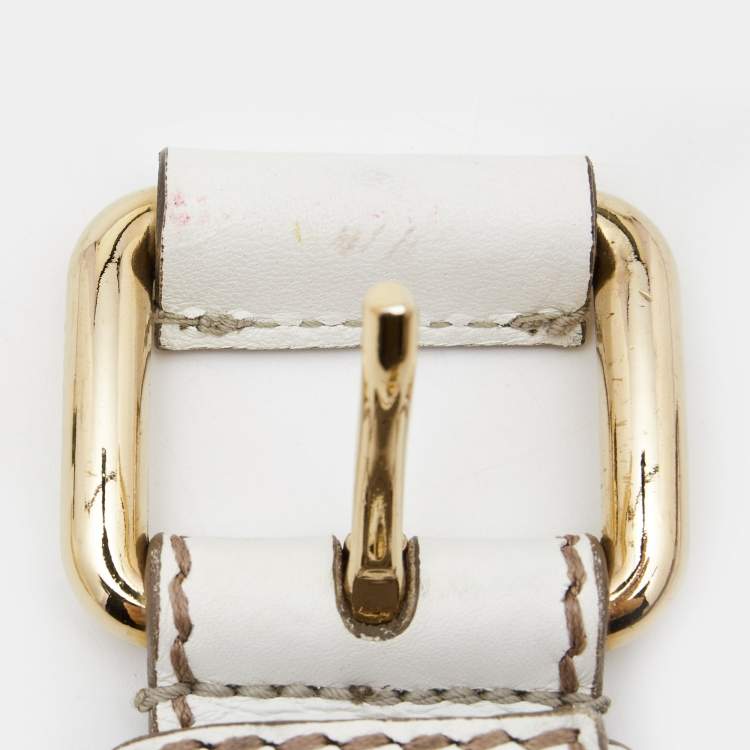 Pre Owned Dolce & Gabbana White Leather Padlock Charm Buckle Belt 85CM