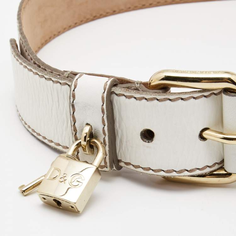 Pre Owned Dolce & Gabbana White Leather Padlock Charm Buckle Belt 85CM