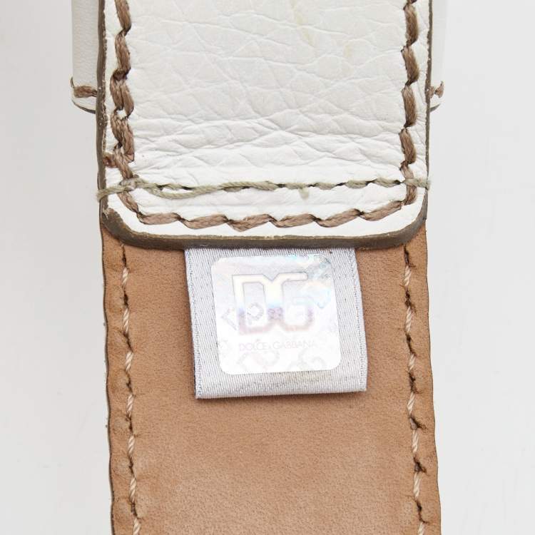 Pre Owned Dolce & Gabbana White Leather Padlock Charm Buckle Belt 85CM