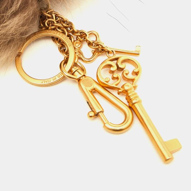 Pre Owned Dolce & Gabbana Beige Fur & Keys Charm Keychain & Bag Charm