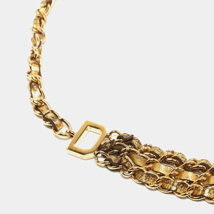 Pre Owned Dolce & Gabbana Gold Leather DG Logo Chain Waist Belt