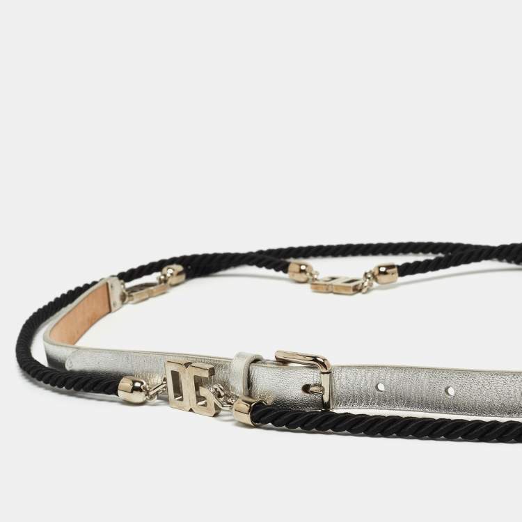 Pre Owned Dolce & Gabbana Silver Leather and Cord DG Logo Double Wrap Belt 95CM
