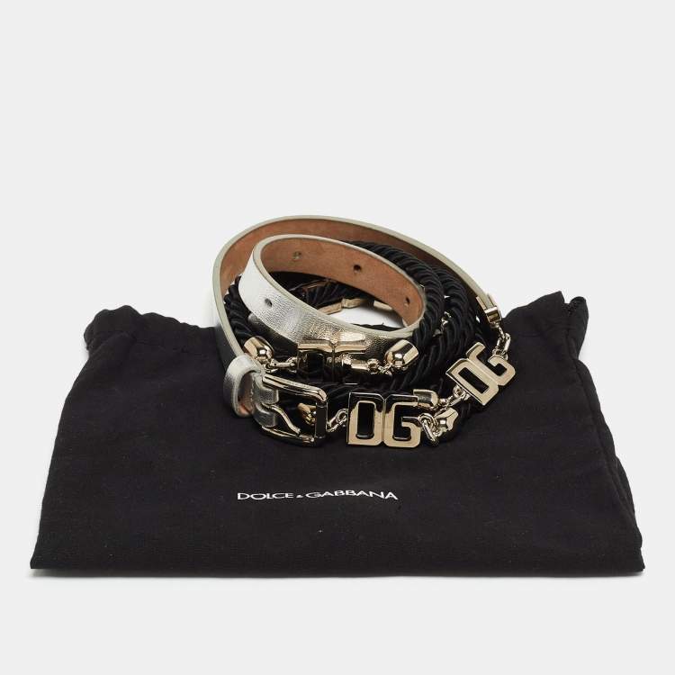 Pre Owned Dolce & Gabbana Silver Leather and Cord DG Logo Double Wrap Belt 95CM