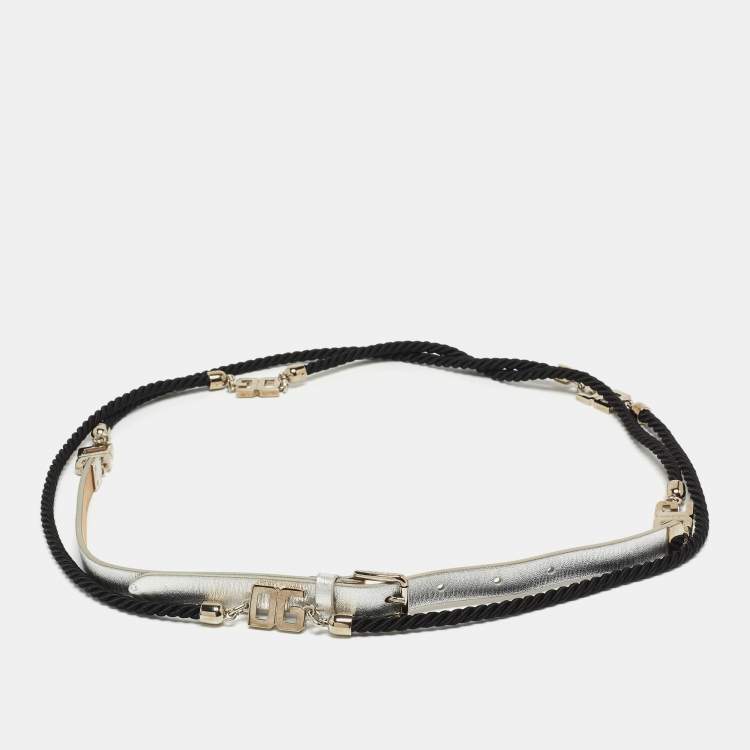 Pre Owned Dolce & Gabbana Silver Leather and Cord DG Logo Double Wrap Belt 95CM
