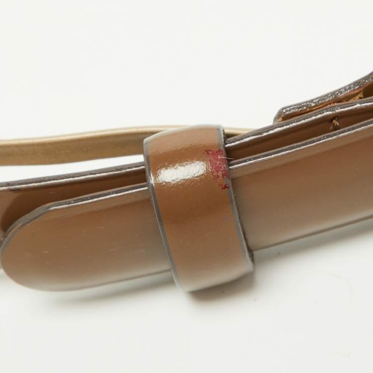 Pre Owned Dolce & Gabbana Beige Patent Leather DG Logo Slim Belt 75CM