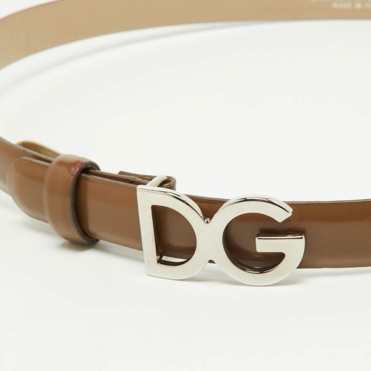 Pre Owned Dolce & Gabbana Beige Patent Leather DG Logo Slim Belt 75CM