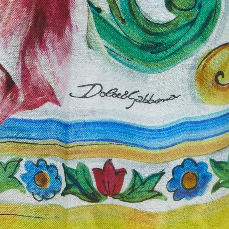Pre Owned Dolce & Gabbana Yellow Majolica Printed Silk Gauze Scarf 