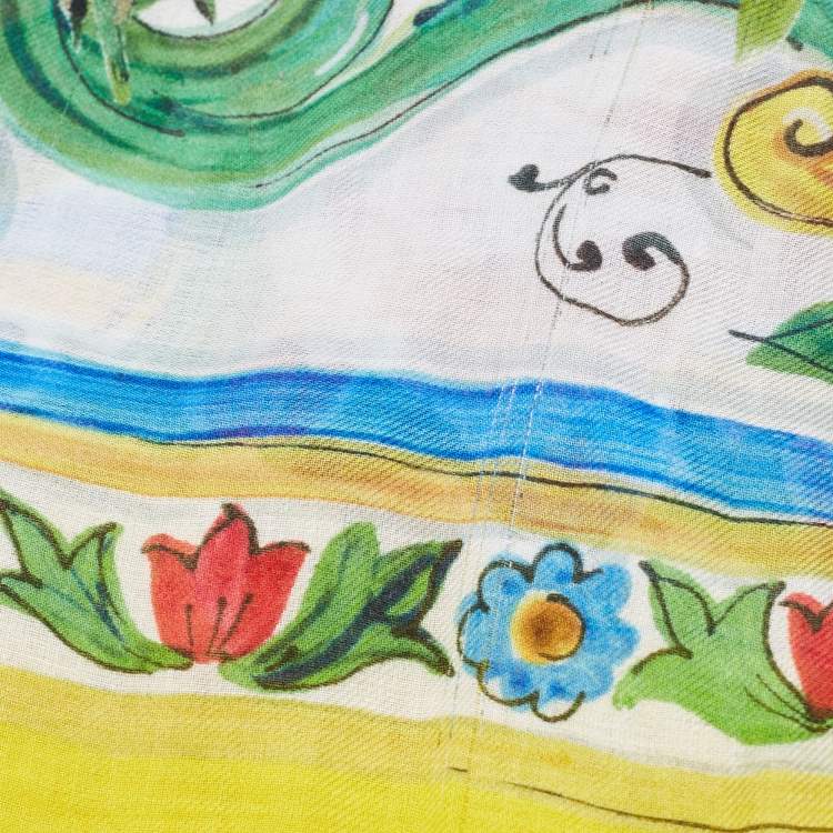 Pre Owned Dolce & Gabbana Yellow Majolica Printed Silk Gauze Scarf 