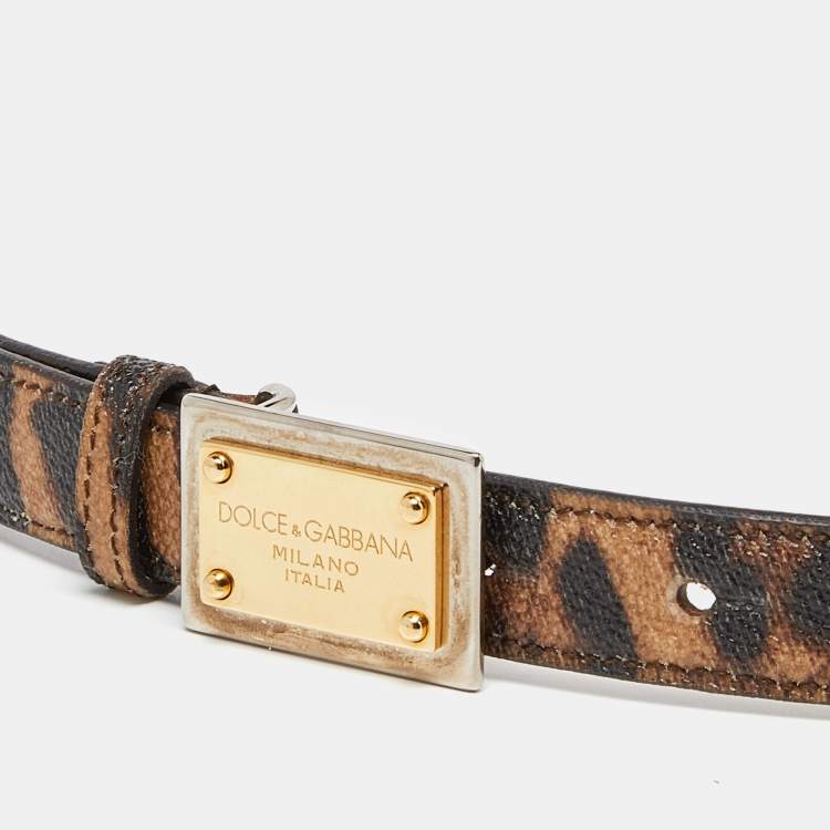 Pre Owned Dolce & Gabbana Brown Leopard Print Leather Logo Plaque Belt 95CM