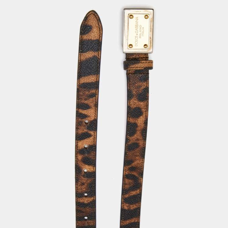Pre Owned Dolce & Gabbana Brown Leopard Print Leather Logo Plaque Belt 95CM