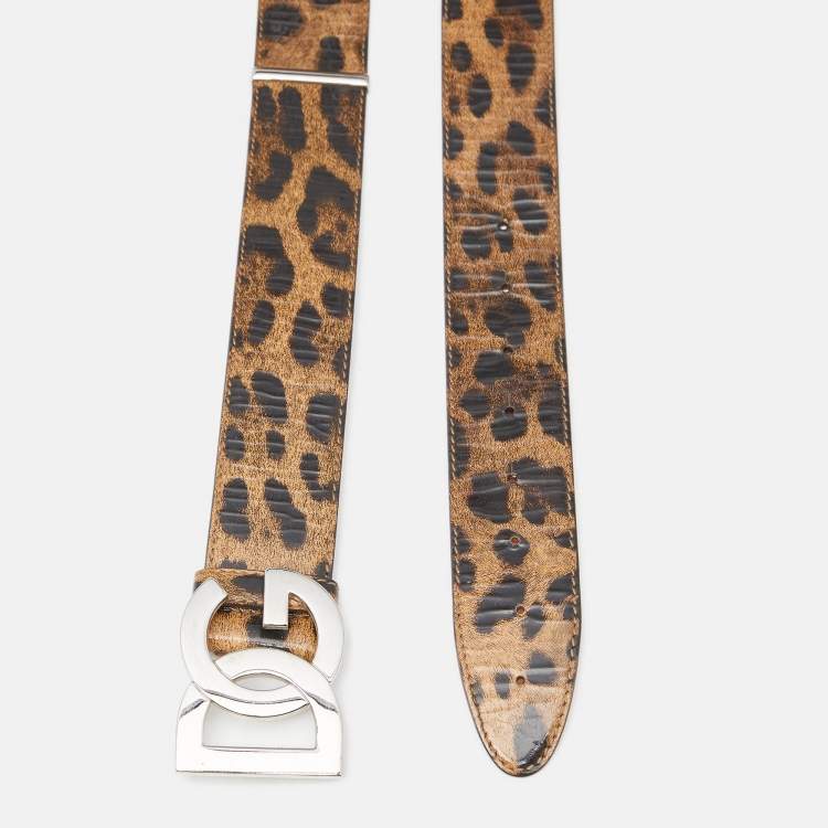 Pre Owned Dolce & Gabbana Beige/Black Leopard Print Patent Leather DG Logo Buckle Belt 80CM