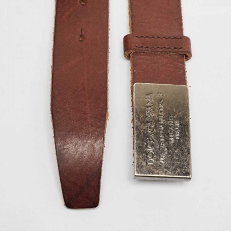 Pre Owned Dolce & Gabbana Brown Leather Logo Plaque Belt 100CM
