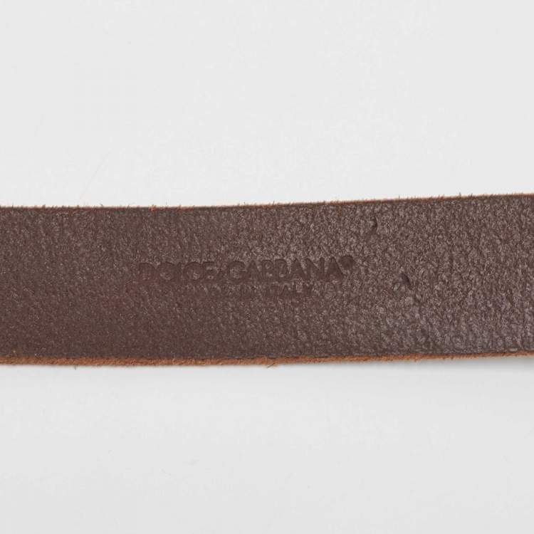 Pre Owned Dolce & Gabbana Brown Leather Logo Plaque Belt 100CM