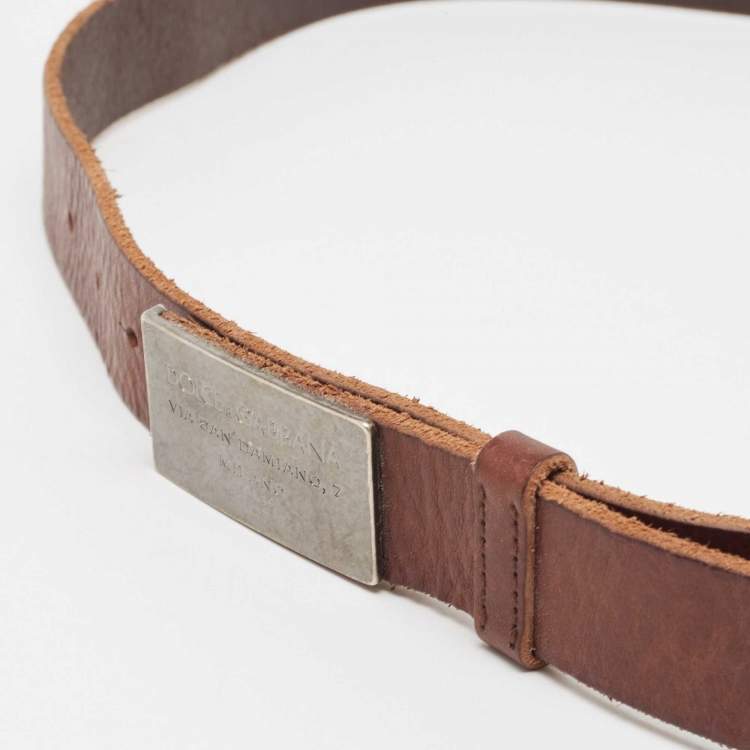Pre Owned Dolce & Gabbana Brown Leather Logo Plaque Belt 100CM