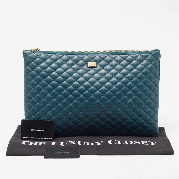 Pre Owned Dolce & Gabbana Green Quilted Leather Laptop Wristlet Case
