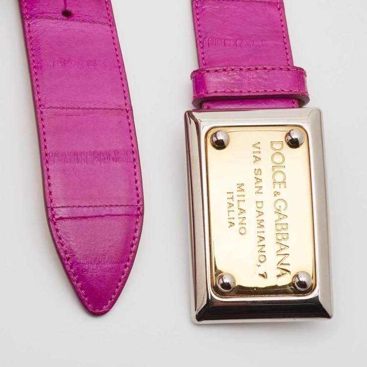 Pre Owned Dolce & Gabbana Fuschia Eel Logo Plaque Belt Size 85 CM