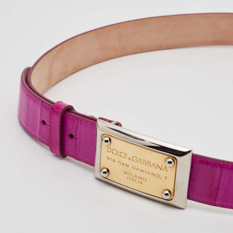Pre Owned Dolce & Gabbana Fuschia Eel Logo Plaque Belt Size 85 CM
