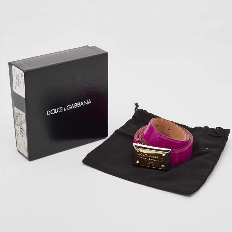 Pre Owned Dolce & Gabbana Fuschia Eel Logo Plaque Belt Size 85 CM