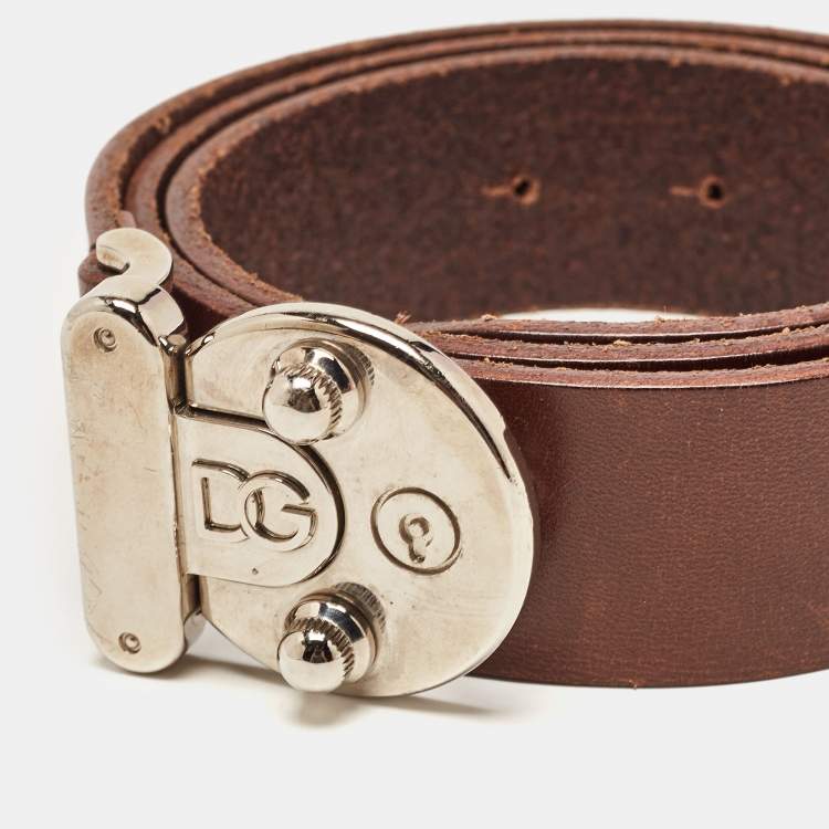 Pre Owned Dolce & Gabbana Brown Leather Round Logo Plague Belt 85CM