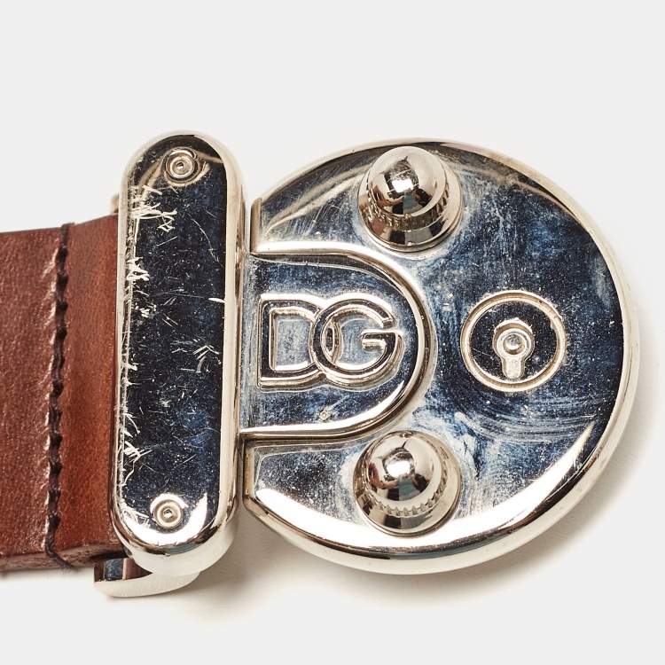 Pre Owned Dolce & Gabbana Brown Leather Round Logo Plague Belt 85CM