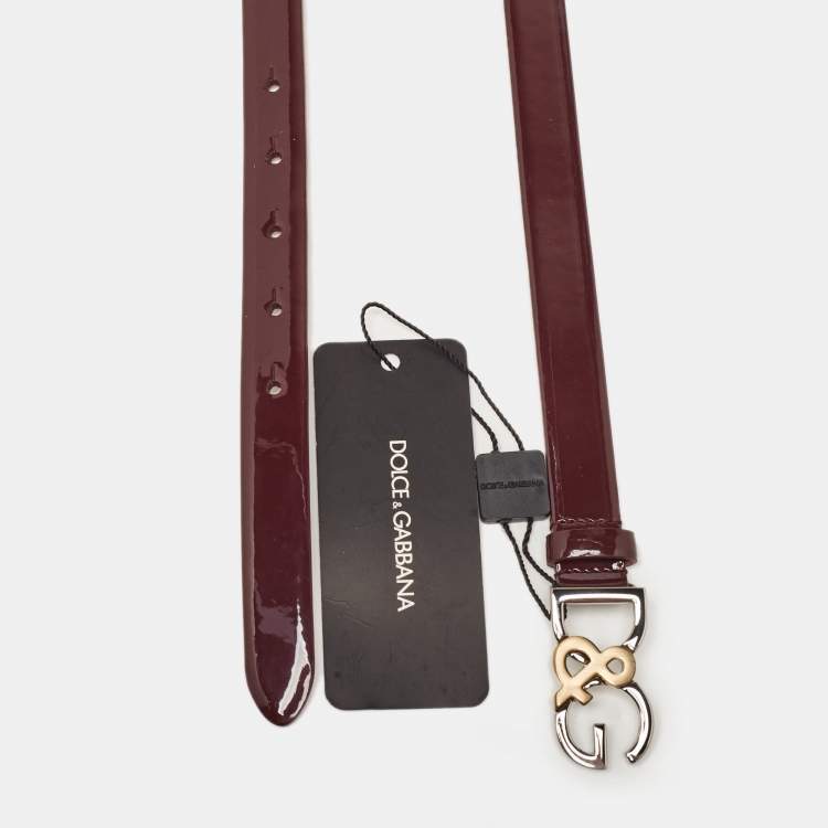 Pre Owned Dolce & Gabbana Burgundy Patent Leather D&G Logo Slim Belt 85 CM