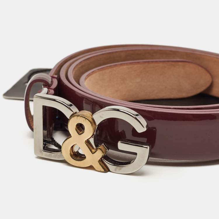 Pre Owned Dolce & Gabbana Burgundy Patent Leather D&G Logo Slim Belt 85 CM