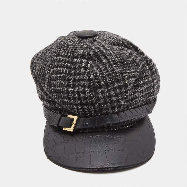مملوكة مسبقًا Dolce & Gabbana Black Wool Knit Croc Embossed Leather Baseball Cap Size 57