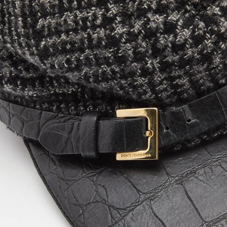 مملوكة مسبقًا Dolce & Gabbana Black Wool Knit Croc Embossed Leather Baseball Cap Size 57