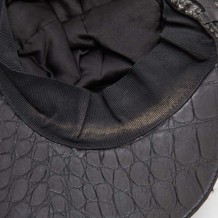 مملوكة مسبقًا Dolce & Gabbana Black Wool Knit Croc Embossed Leather Baseball Cap Size 57