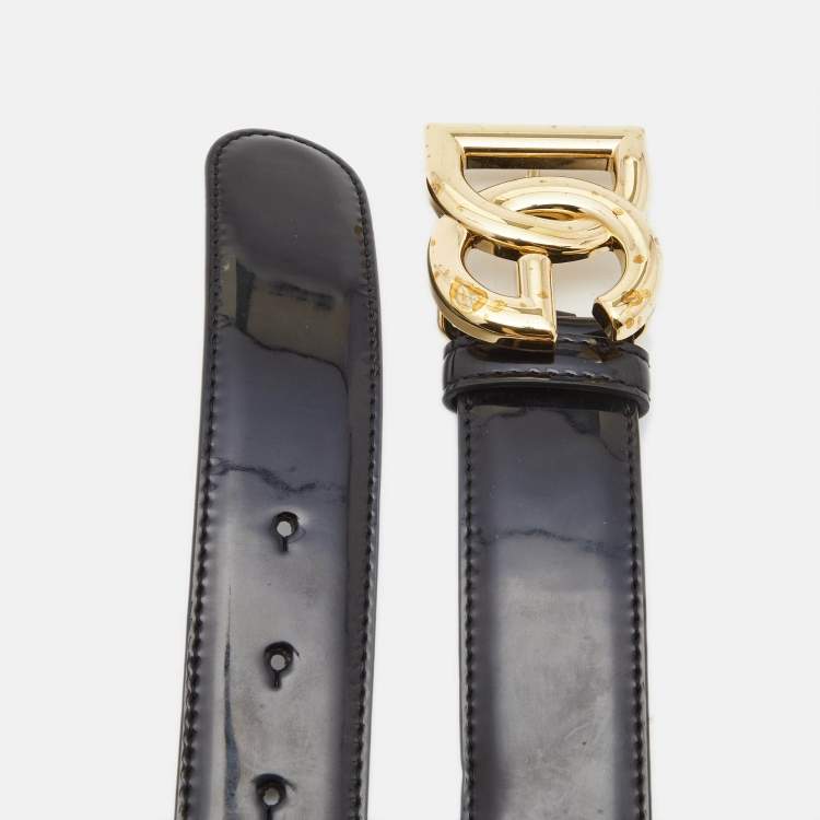 Pre Owned Dolce & Gabbana Black Patent Leather DG Buckler Belt 80CM