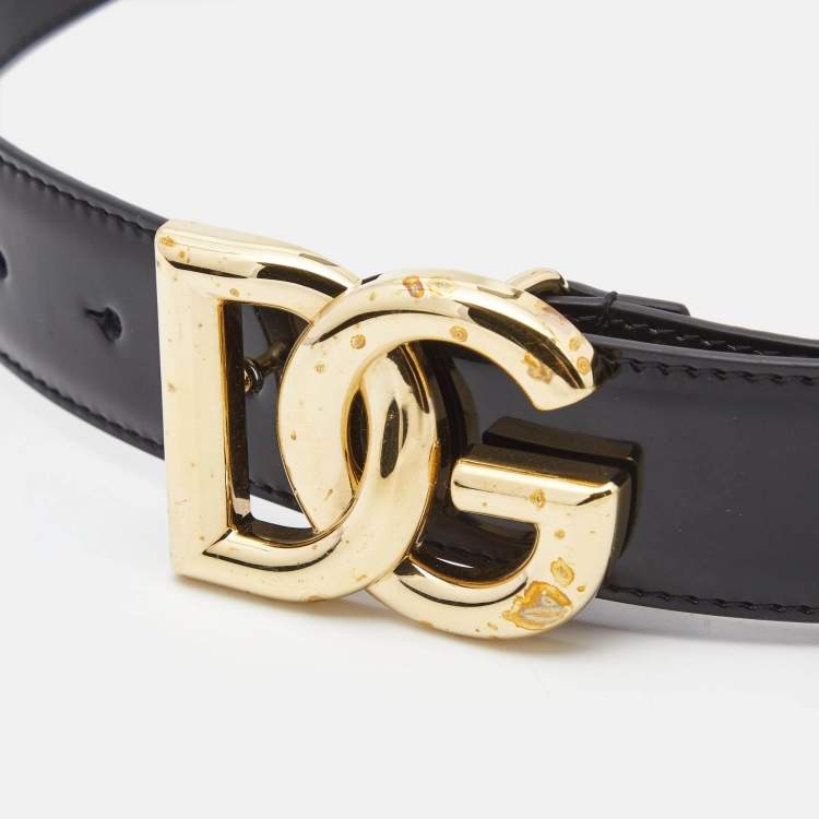 Pre Owned Dolce & Gabbana Black Patent Leather DG Buckler Belt 80CM