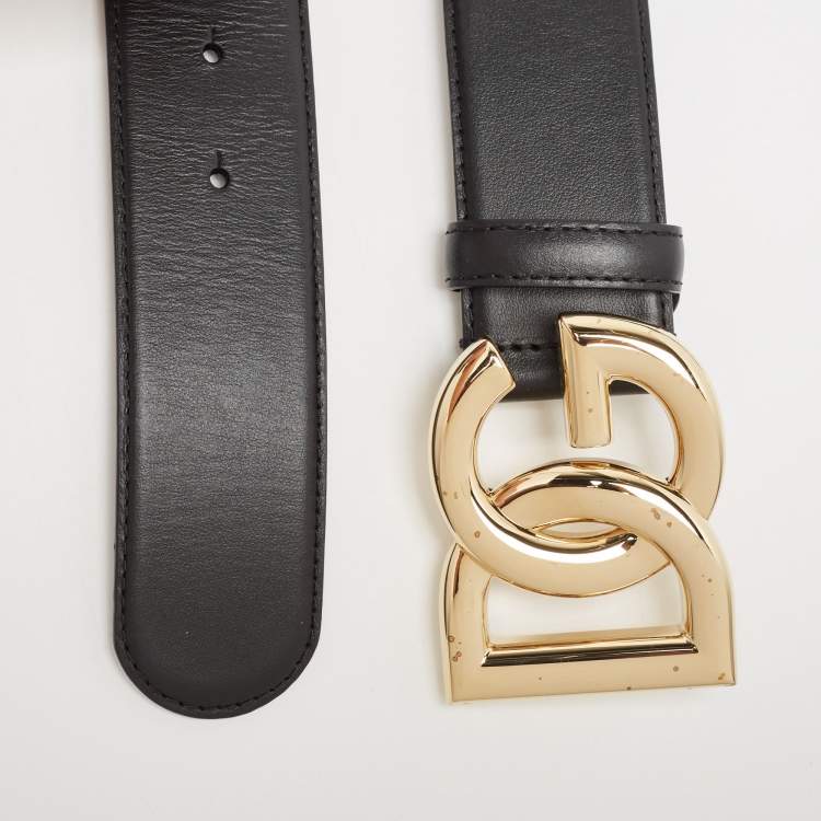 Pre Owned Dolce & Gabbana Black Leather DG Logo Buckle Belt 80 CM