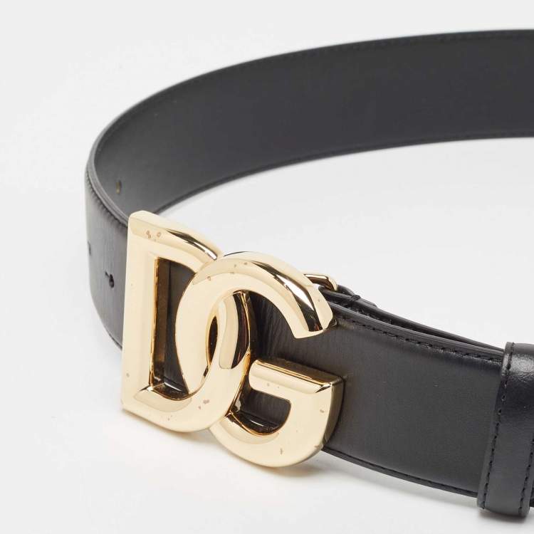 Pre Owned Dolce & Gabbana Black Leather DG Logo Buckle Belt 80 CM