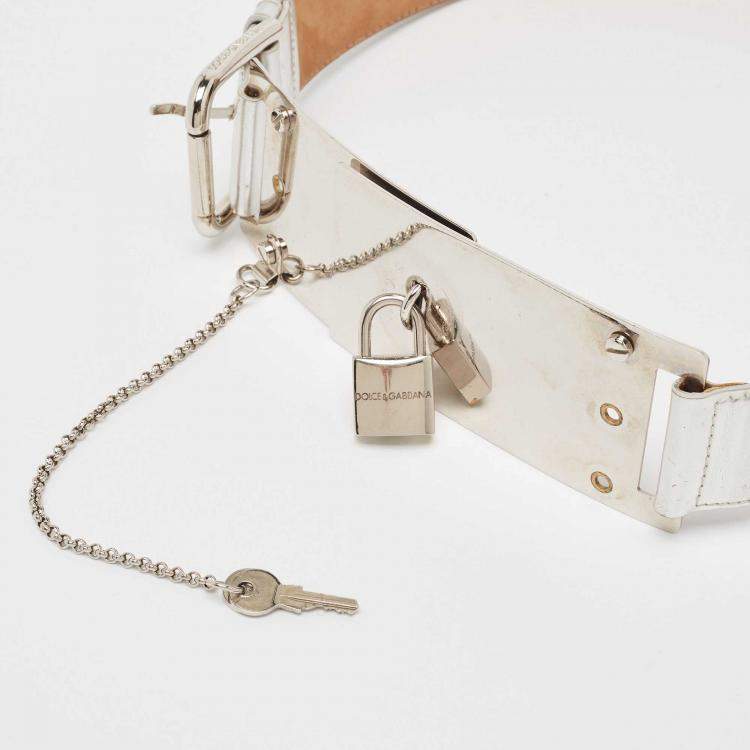 Pre Owned Dolce & Gabbana Silver Leather Padlock Metal Waist Belt 90 CM