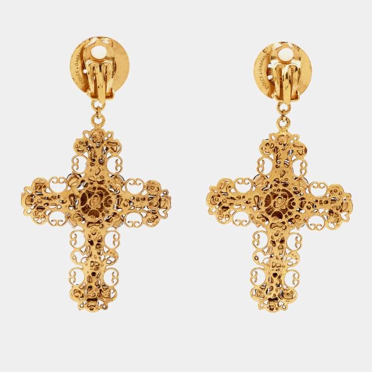 Pre Owned Dolce & Gabbana Filigree Crystal Gold Tone Earrings