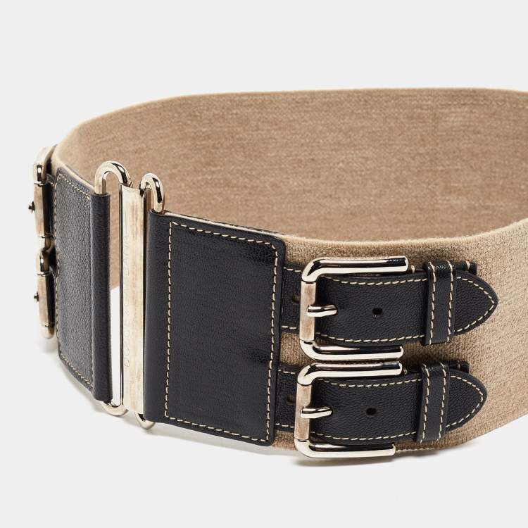 Pre Owned Dolce & Gabbana Beige/Black Elastic and Leather Double Buckle Wide Belt 75CM