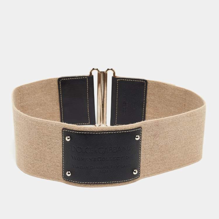 Pre Owned Dolce & Gabbana Beige/Black Elastic and Leather Double Buckle Wide Belt 75CM