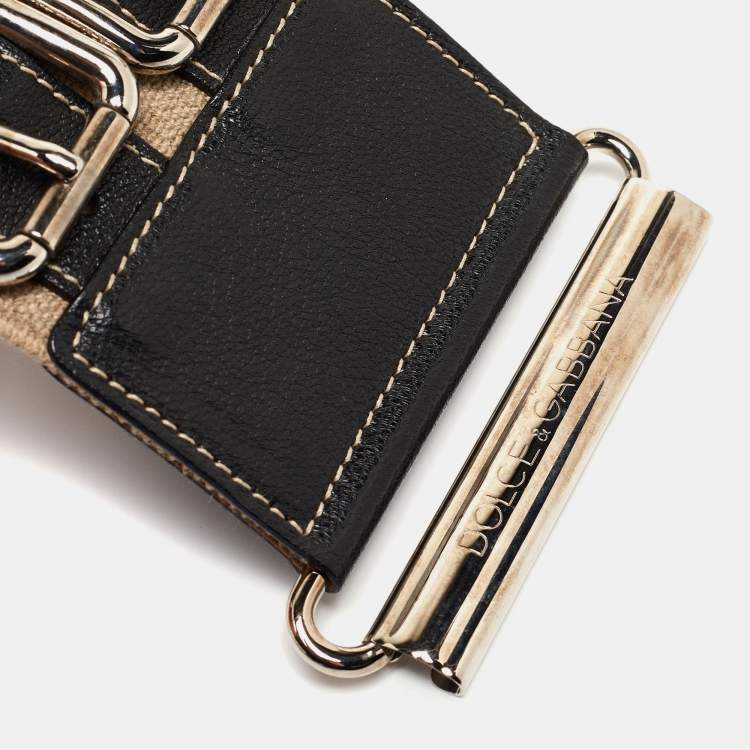 Pre Owned Dolce & Gabbana Beige/Black Elastic and Leather Double Buckle Wide Belt 75CM