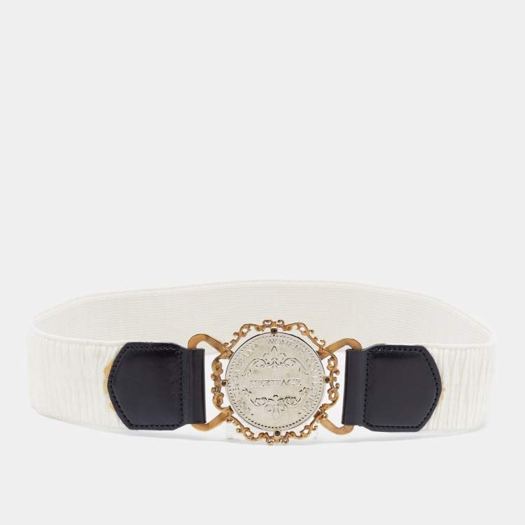 Pre Owned Dolce & Gabbana White/Black Elastic and Leather Heritage Round Belt 75CM