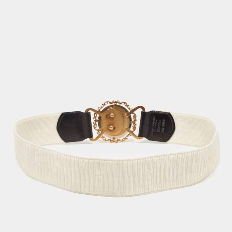 Pre Owned Dolce & Gabbana White/Black Elastic and Leather Heritage Round Belt 75CM