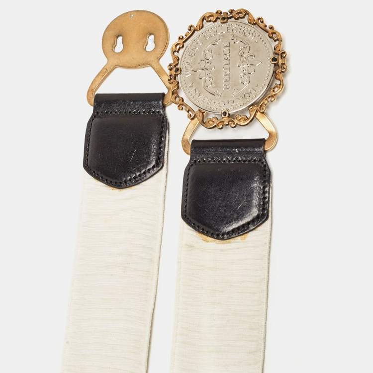 Pre Owned Dolce & Gabbana White/Black Elastic and Leather Heritage Round Belt 75CM