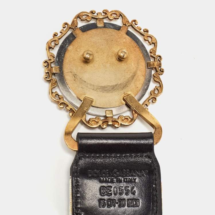 Pre Owned Dolce & Gabbana White/Black Elastic and Leather Heritage Round Belt 75CM