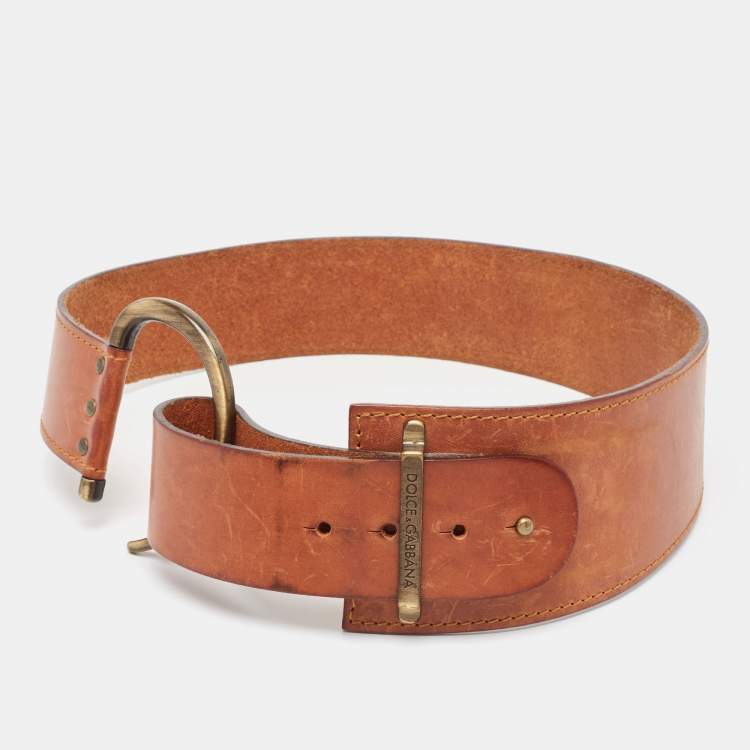 Pre Owned Dolce & Gabbana Brown Leather Metal Detail Buckle Wide Belt 85CM