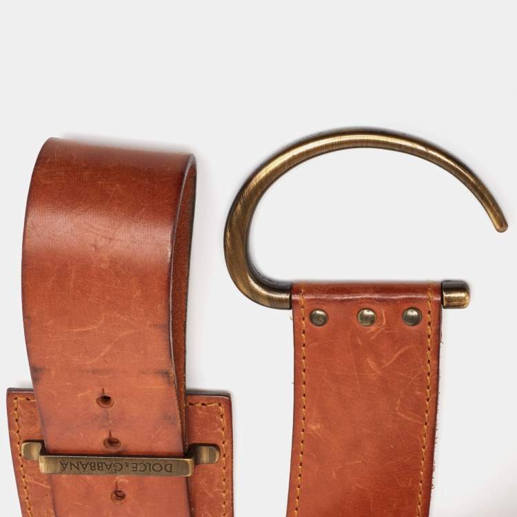 Pre Owned Dolce & Gabbana Brown Leather Metal Detail Buckle Wide Belt 85CM