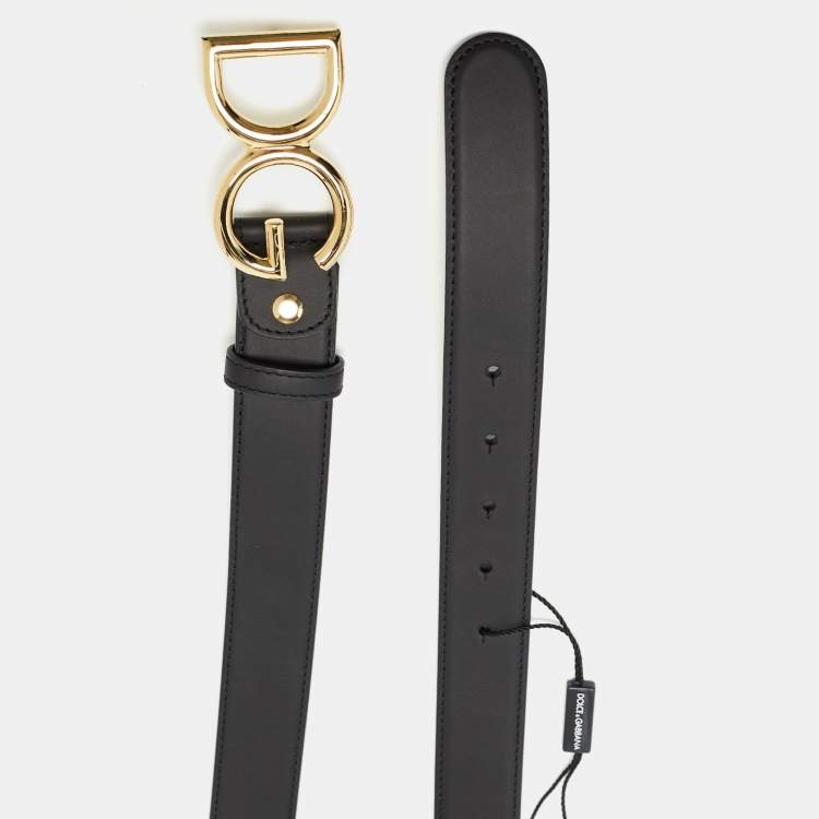 Pre Owned Dolce & Gabbana Black Leather DG Logo Buckle Belt 115 CM