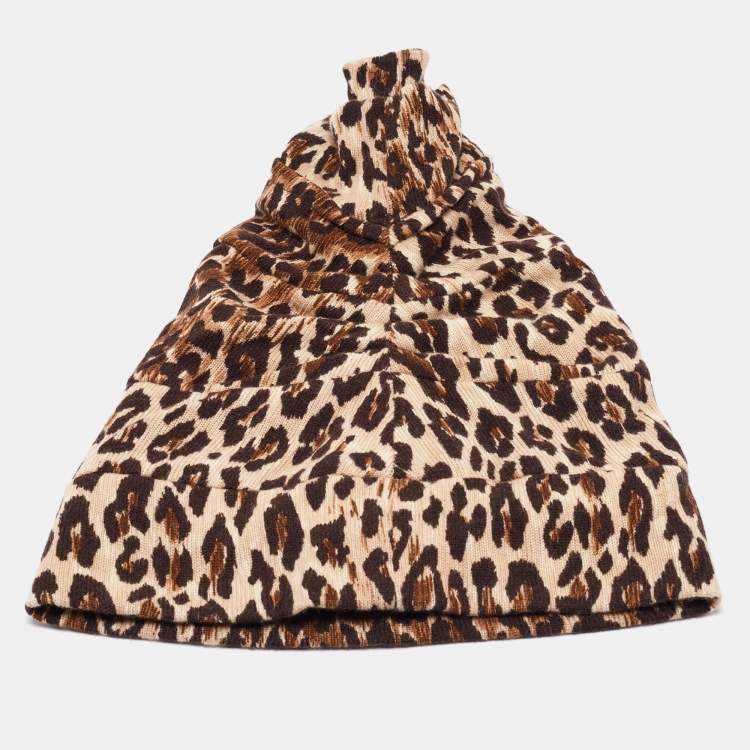 Pre Owned Dolce & Gabbana Brown Leopard Pattern Cashmere Tiered Beanie Hat Size 57