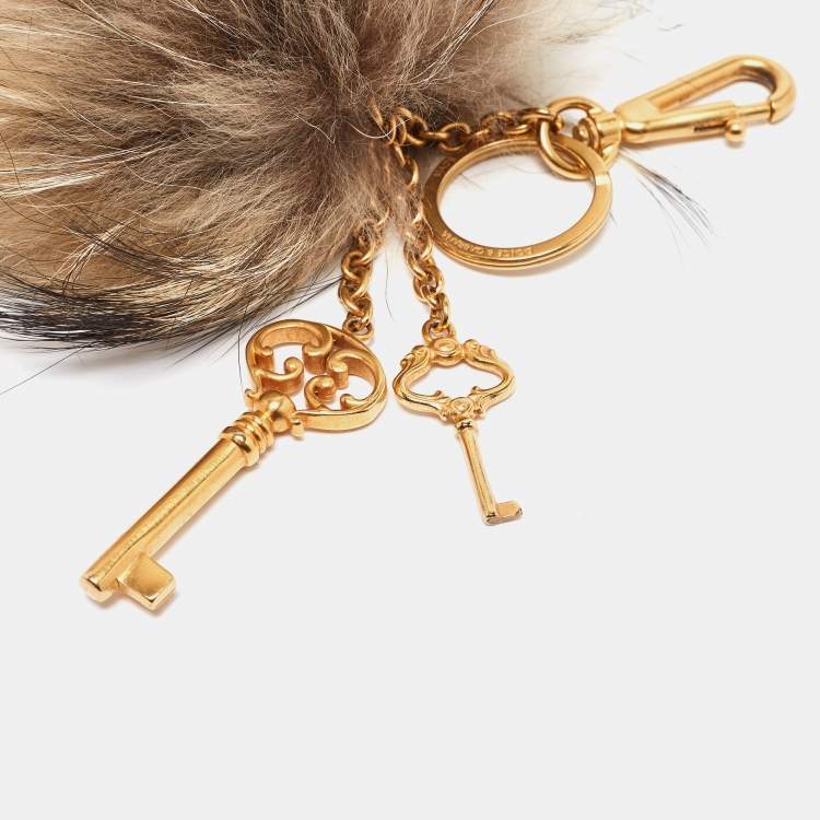 Pre Owned Dolce & Gabbana Beige Fox Fur & Keys Charm Keychain & Bag Charm
